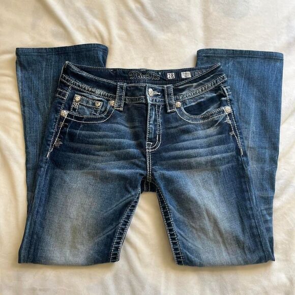 Miss Me Midrise Bootcut Blue Denim Cowgirl Jeans with Rhinestones Size 38 x 31 - Picture 1 of 8